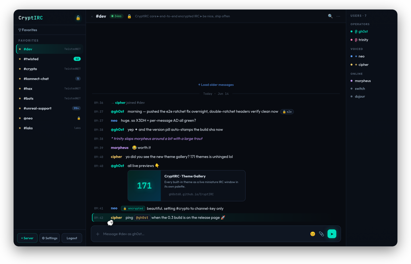 The CryptIRC desktop client showing the #dev channel, encrypted messages and the channel list