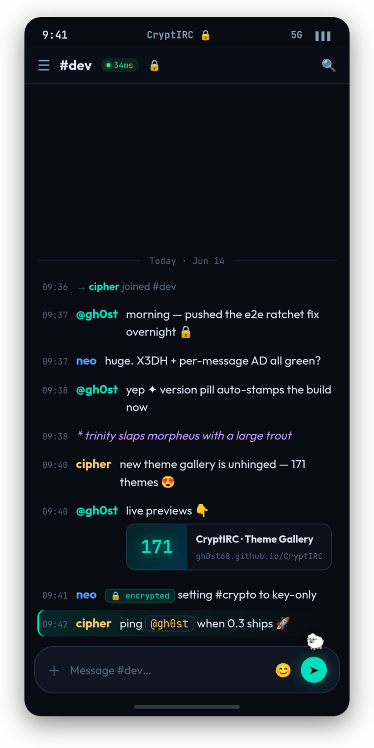 The CryptIRC mobile app running as an installable PWA